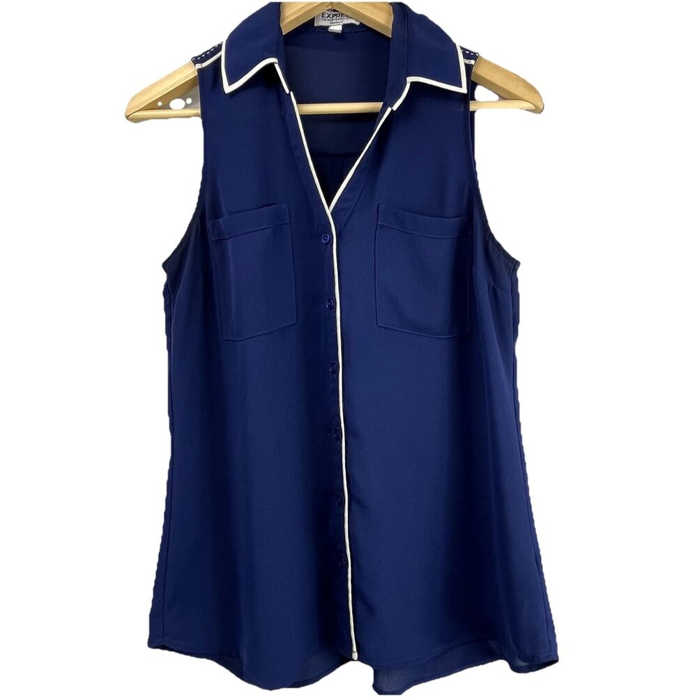 Express Portofino Sleeveless Blouse Navy White Trim Button Front Size S - Picture 2 of 12